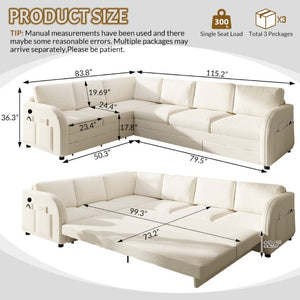 English Elm 115.2 Inch Sherpa Fleece L-Shaped Sectional Sleeper Sofa with USB Ports and Side Pockets Beige+White W1885S00581