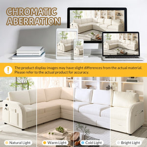 English Elm 115.2 Inch Sherpa Fleece L-Shaped Sectional Sleeper Sofa with USB Ports and Side Pockets Beige+White W1885S00581