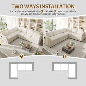 English Elm 115.2 Inch Sherpa Fleece L-Shaped Sectional Sleeper Sofa with USB Ports and Side Pockets Beige+White W1885S00581