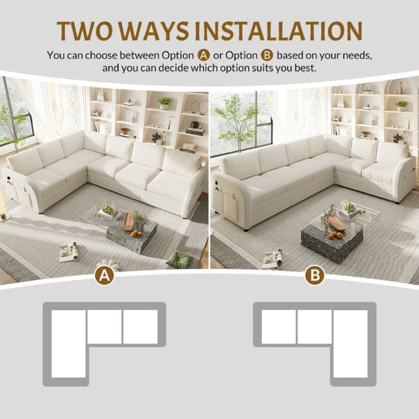 English Elm 115.2 Inch Sherpa Fleece L-Shaped Sectional Sleeper Sofa with USB Ports and Side Pockets Beige+White W1885S00581