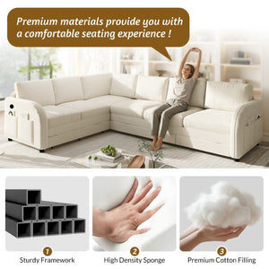 English Elm 115.2 Inch Sherpa Fleece L-Shaped Sectional Sleeper Sofa with USB Ports and Side Pockets Beige+White W1885S00581