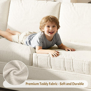English Elm 115.2 Inch Sherpa Fleece L-Shaped Sectional Sleeper Sofa with USB Ports and Side Pockets Beige+White W1885S00581