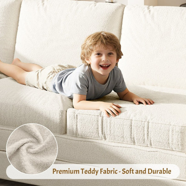 English Elm 115.2 Inch Sherpa Fleece L-Shaped Sectional Sleeper Sofa with USB Ports and Side Pockets Beige+White W1885S00581