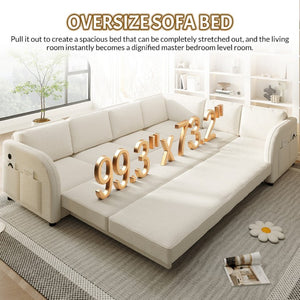 English Elm 115.2 Inch Sherpa Fleece L-Shaped Sectional Sleeper Sofa with USB Ports and Side Pockets Beige+White W1885S00581