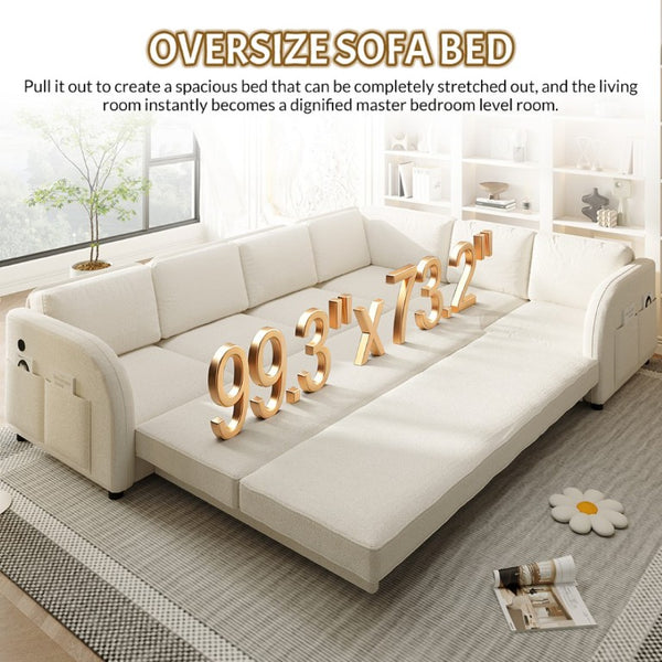 English Elm 115.2 Inch Sherpa Fleece L-Shaped Sectional Sleeper Sofa with USB Ports and Side Pockets Beige+White W1885S00581