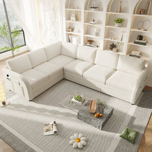 English Elm 115.2 Inch Sherpa Fleece L-Shaped Sectional Sleeper Sofa with USB Ports and Side Pockets Beige+White W1885S00581