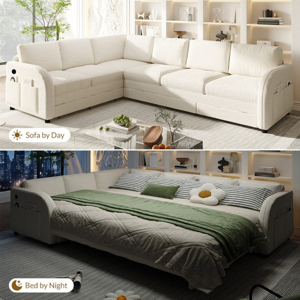 English Elm 115.2 Inch Sherpa Fleece L-Shaped Sectional Sleeper Sofa with USB Ports and Side Pockets Beige+White W1885S00581