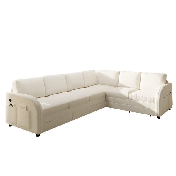 English Elm 115.2 Inch Sherpa Fleece L-Shaped Sectional Sleeper Sofa with USB Ports and Side Pockets Beige+White W1885S00581