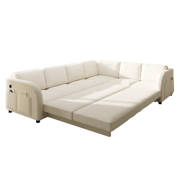 English Elm 115.2 Inch Sherpa Fleece L-Shaped Sectional Sleeper Sofa with USB Ports and Side Pockets Beige+White W1885S00581