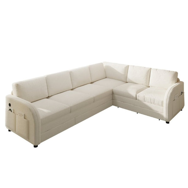 English Elm 115.2 Inch Sherpa Fleece L-Shaped Sectional Sleeper Sofa with USB Ports and Side Pockets Beige+White W1885S00581