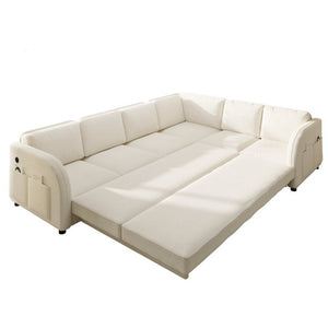 English Elm 115.2 Inch Sherpa Fleece L-Shaped Sectional Sleeper Sofa with USB Ports and Side Pockets Beige+White W1885S00581