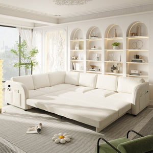 English Elm 115.2 Inch Sherpa Fleece L-Shaped Sectional Sleeper Sofa with USB Ports and Side Pockets Beige+White W1885S00581