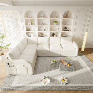 English Elm 115.2 Inch Sherpa Fleece L-Shaped Sectional Sleeper Sofa with USB Ports and Side Pockets Beige+White W1885S00581
