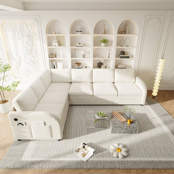 English Elm 115.2 Inch Sherpa Fleece L-Shaped Sectional Sleeper Sofa with USB Ports and Side Pockets Beige+White W1885S00581