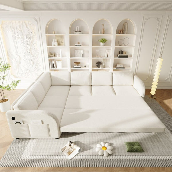 English Elm 115.2 Inch Sherpa Fleece L-Shaped Sectional Sleeper Sofa with USB Ports and Side Pockets Beige+White W1885S00581