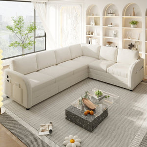 English Elm 115.2 Inch Sherpa Fleece L-Shaped Sectional Sleeper Sofa with USB Ports and Side Pockets Beige+White W1885S00581