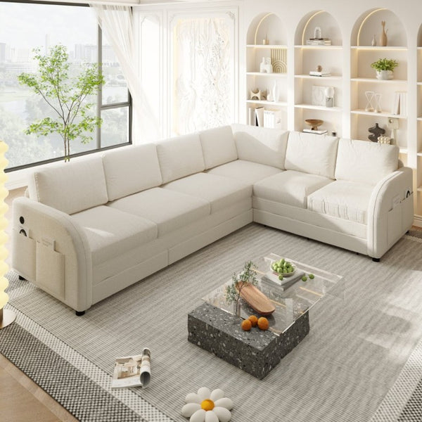 English Elm 115.2 Inch Sherpa Fleece L-Shaped Sectional Sleeper Sofa with USB Ports and Side Pockets Beige+White W1885S00581