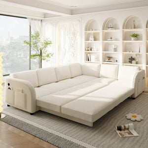 English Elm 115.2 Inch Sherpa Fleece L-Shaped Sectional Sleeper Sofa with USB Ports and Side Pockets Beige+White W1885S00581