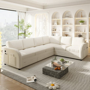 English Elm 115.2 Inch Sherpa Fleece L-Shaped Sectional Sleeper Sofa with USB Ports and Side Pockets Beige+White W1885S00581