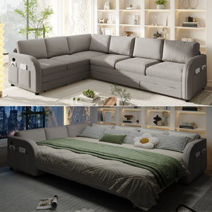 English Elm 115.2 Inch Sherpa Fleece L-Shaped Sectional Sleeper Sofa with USB Ports and Side Pockets Light Grey W1885S00582
