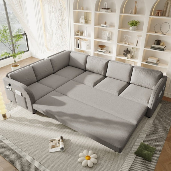 English Elm 115.2 Inch Sherpa Fleece L-Shaped Sectional Sleeper Sofa with USB Ports and Side Pockets Light Grey W1885S00582
