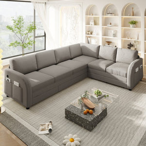 English Elm 115.2 Inch Sherpa Fleece L-Shaped Sectional Sleeper Sofa with USB Ports and Side Pockets Light Grey W1885S00582