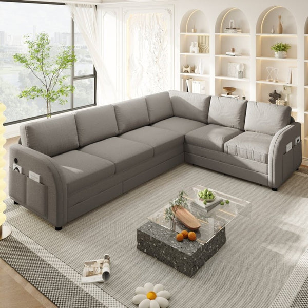 English Elm 115.2 Inch Sherpa Fleece L-Shaped Sectional Sleeper Sofa with USB Ports and Side Pockets Light Grey W1885S00582