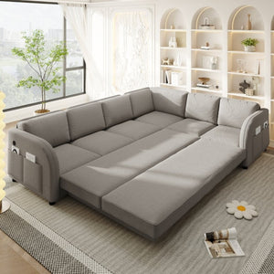 English Elm 115.2 Inch Sherpa Fleece L-Shaped Sectional Sleeper Sofa with USB Ports and Side Pockets Light Grey W1885S00582