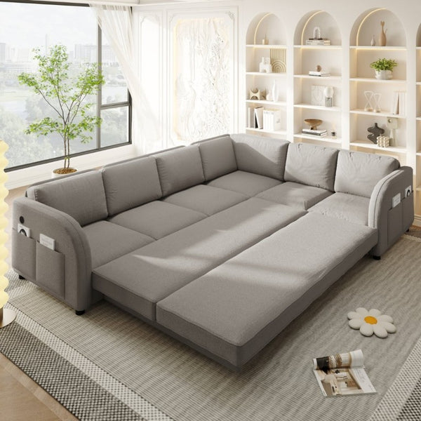English Elm 115.2 Inch Sherpa Fleece L-Shaped Sectional Sleeper Sofa with USB Ports and Side Pockets Light Grey W1885S00582