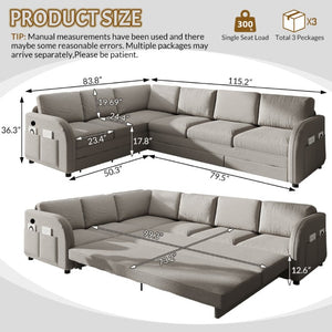 English Elm 115.2 Inch Sherpa Fleece L-Shaped Sectional Sleeper Sofa with USB Ports and Side Pockets Light Grey W1885S00582