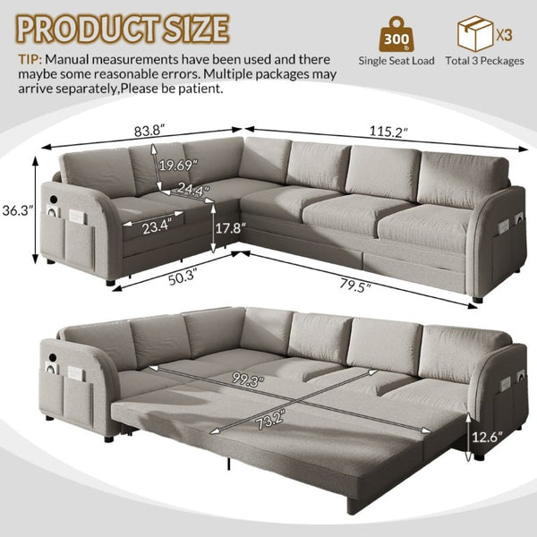 English Elm 115.2 Inch Sherpa Fleece L-Shaped Sectional Sleeper Sofa with USB Ports and Side Pockets Light Grey W1885S00582