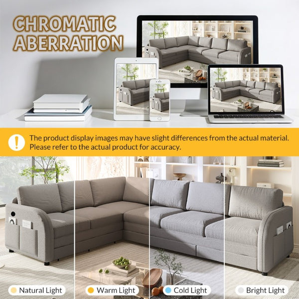 English Elm 115.2 Inch Sherpa Fleece L-Shaped Sectional Sleeper Sofa with USB Ports and Side Pockets Light Grey W1885S00582