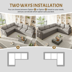 English Elm 115.2 Inch Sherpa Fleece L-Shaped Sectional Sleeper Sofa with USB Ports and Side Pockets Light Grey W1885S00582