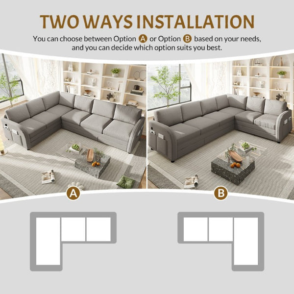 English Elm 115.2 Inch Sherpa Fleece L-Shaped Sectional Sleeper Sofa with USB Ports and Side Pockets Light Grey W1885S00582