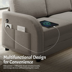 English Elm 115.2 Inch Sherpa Fleece L-Shaped Sectional Sleeper Sofa with USB Ports and Side Pockets Light Grey W1885S00582