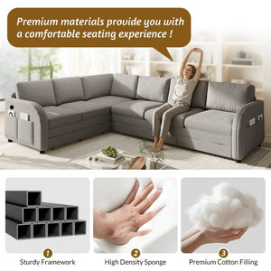 English Elm 115.2 Inch Sherpa Fleece L-Shaped Sectional Sleeper Sofa with USB Ports and Side Pockets Light Grey W1885S00582