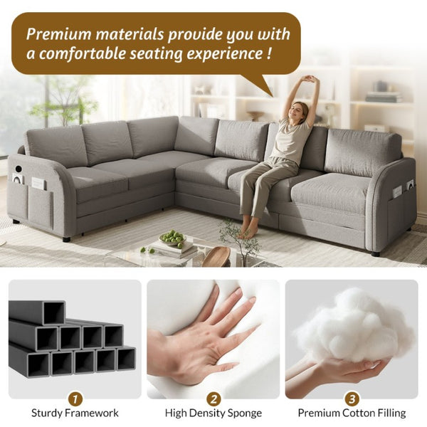 English Elm 115.2 Inch Sherpa Fleece L-Shaped Sectional Sleeper Sofa with USB Ports and Side Pockets Light Grey W1885S00582