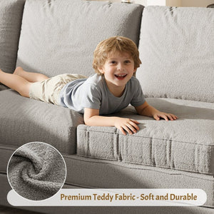 English Elm 115.2 Inch Sherpa Fleece L-Shaped Sectional Sleeper Sofa with USB Ports and Side Pockets Light Grey W1885S00582