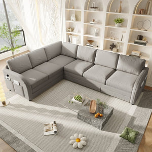 English Elm 115.2 Inch Sherpa Fleece L-Shaped Sectional Sleeper Sofa with USB Ports and Side Pockets Light Grey W1885S00582