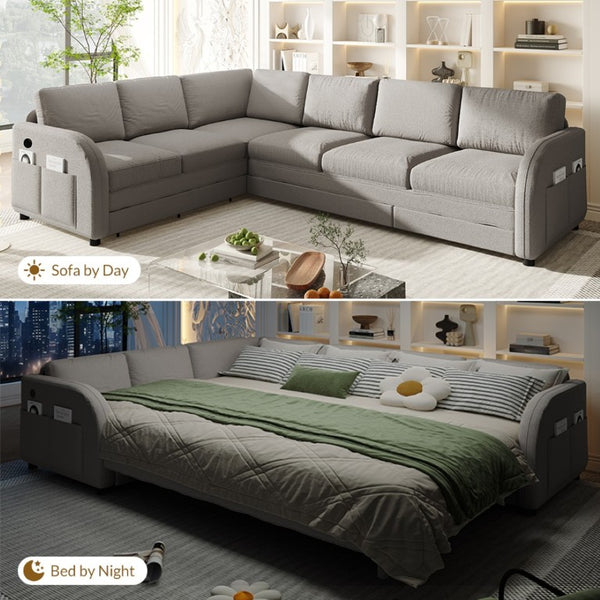 English Elm 115.2 Inch Sherpa Fleece L-Shaped Sectional Sleeper Sofa with USB Ports and Side Pockets Light Grey W1885S00582