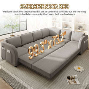 English Elm 115.2 Inch Sherpa Fleece L-Shaped Sectional Sleeper Sofa with USB Ports and Side Pockets Light Grey W1885S00582