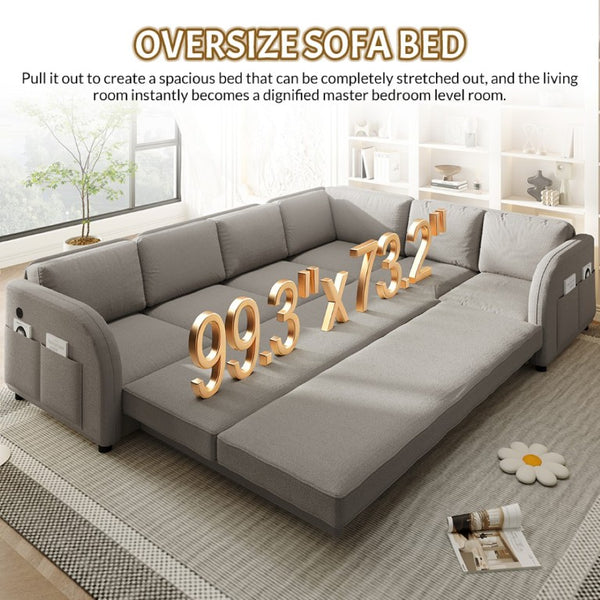 English Elm 115.2 Inch Sherpa Fleece L-Shaped Sectional Sleeper Sofa with USB Ports and Side Pockets Light Grey W1885S00582