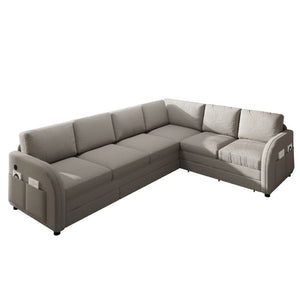 English Elm 115.2 Inch Sherpa Fleece L-Shaped Sectional Sleeper Sofa with USB Ports and Side Pockets Light Grey W1885S00582