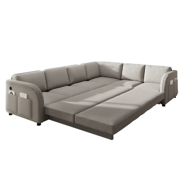 English Elm 115.2 Inch Sherpa Fleece L-Shaped Sectional Sleeper Sofa with USB Ports and Side Pockets Light Grey W1885S00582