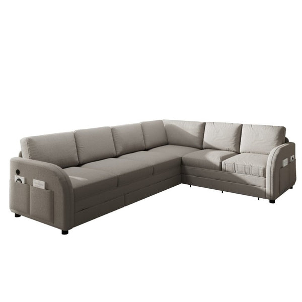English Elm 115.2 Inch Sherpa Fleece L-Shaped Sectional Sleeper Sofa with USB Ports and Side Pockets Light Grey W1885S00582