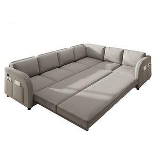 English Elm 115.2 Inch Sherpa Fleece L-Shaped Sectional Sleeper Sofa with USB Ports and Side Pockets Light Grey W1885S00582