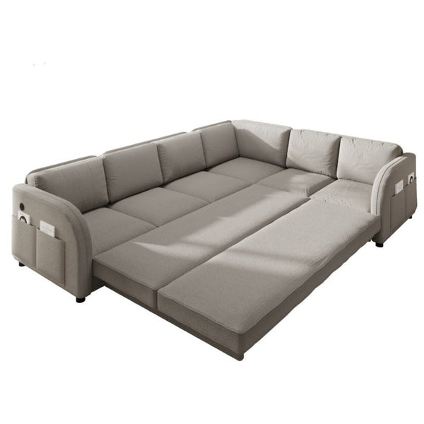 English Elm 115.2 Inch Sherpa Fleece L-Shaped Sectional Sleeper Sofa with USB Ports and Side Pockets Light Grey W1885S00582