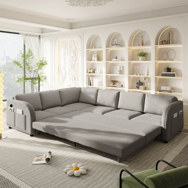 English Elm 115.2 Inch Sherpa Fleece L-Shaped Sectional Sleeper Sofa with USB Ports and Side Pockets Light Grey W1885S00582