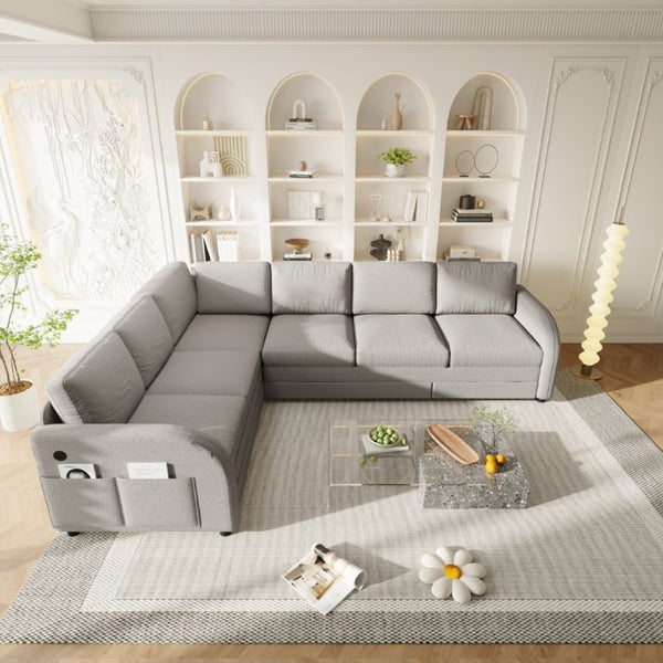 English Elm 115.2 Inch Sherpa Fleece L-Shaped Sectional Sleeper Sofa with USB Ports and Side Pockets Light Grey W1885S00582