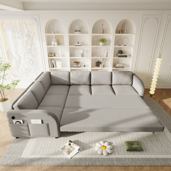 English Elm 115.2 Inch Sherpa Fleece L-Shaped Sectional Sleeper Sofa with USB Ports and Side Pockets Light Grey W1885S00582
